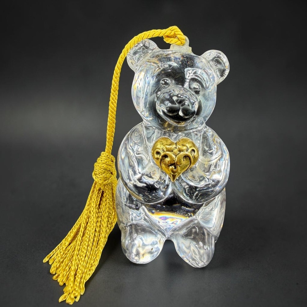 Gorham Glass Christmas Teddy Bear Ornament Figurine w‎ Gold Heart Yellow Tassel